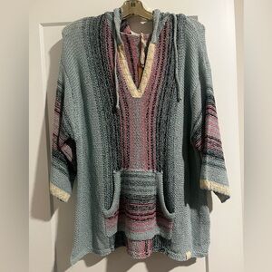 NWT POL Pink and Blue V-Neck Sweater with Hood